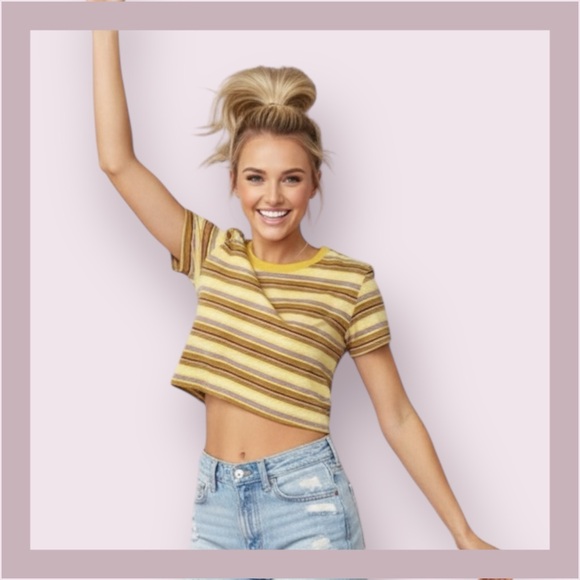 Urban Outfitters Tops - Urban Outfitters Yellow & Brown Striped Crop Tee
